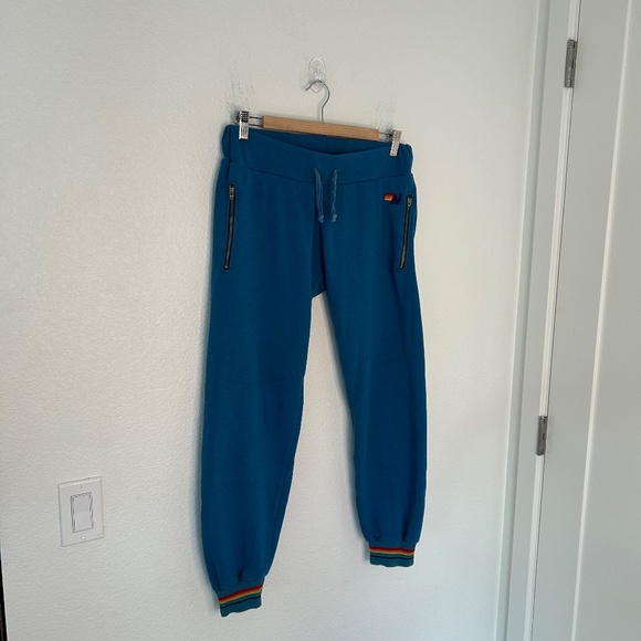 Aviator Nation Blue Joggers Zipper Pockets Size Medium Rainbow Cuffs - Picture 2 of 14